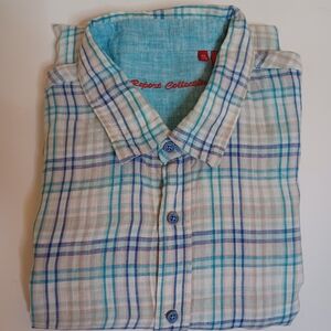 Report Collection Men Linen Blue Plaid  Long Sleeve Button Down Shirt. 2XL